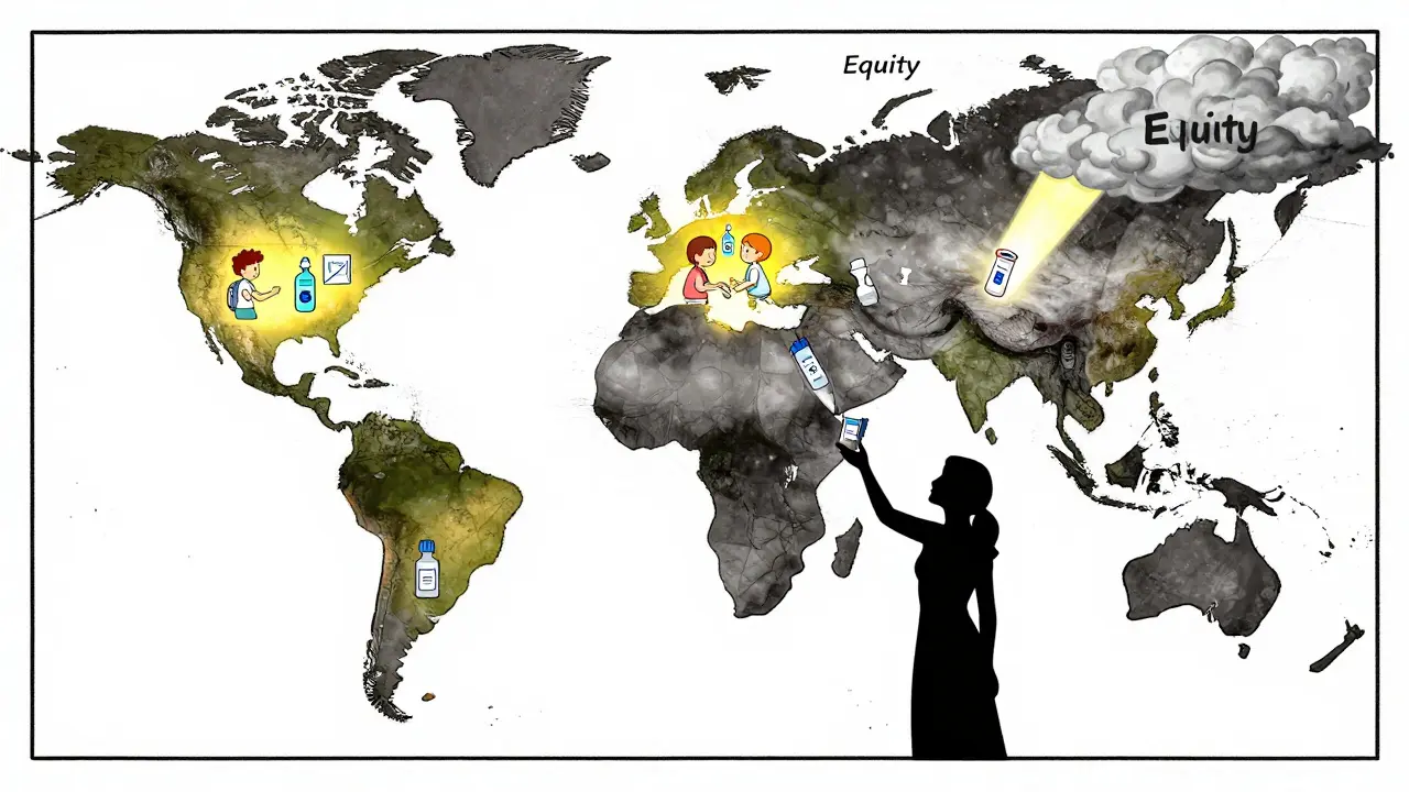 Global map showing vaccination and screening access gaps with light breaking through equity banner.