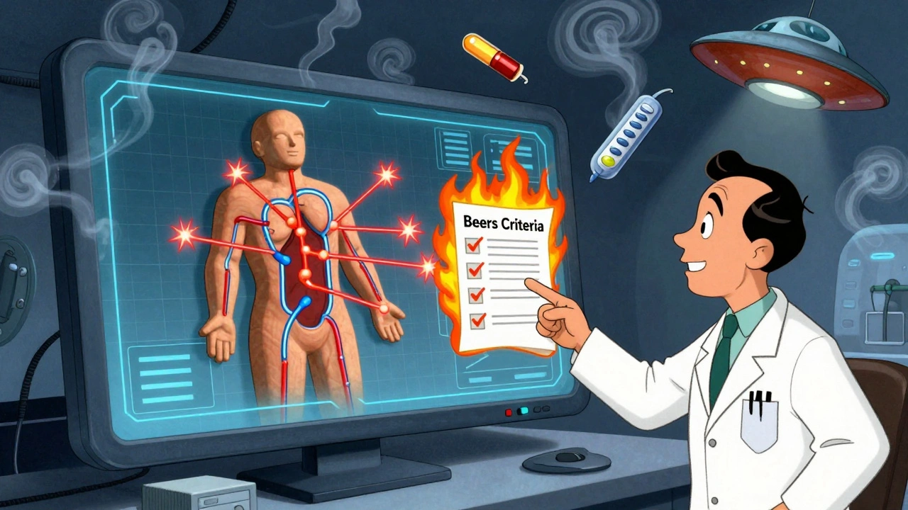 Medical screen showing drug conflicts sparking in a patient&#039;s body, Beers Criteria checklist burning away.