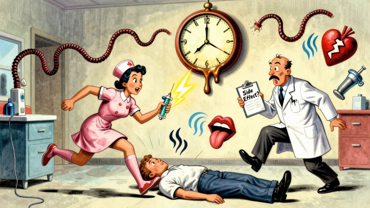 Nurse sprinting with glowing epinephrine injector as clock melts and patient collapses in chaotic hospital hallway.