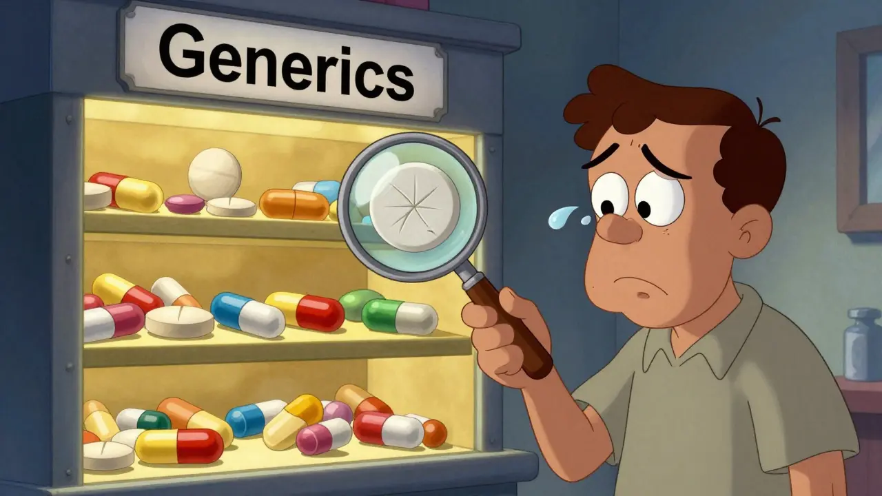 Patient facing a pharmacy shelf with golden identical generics on one side and mismatched generics on the other.