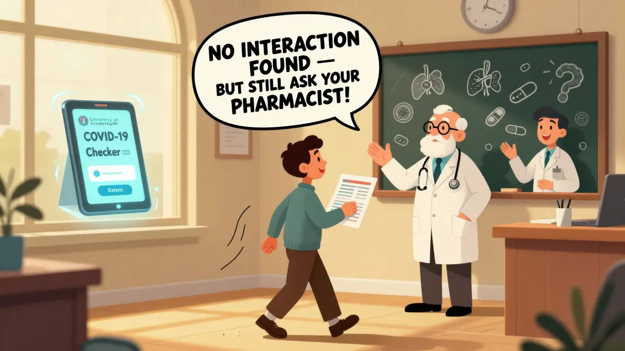 Patient shows interaction report to doctor while a giant cartoon warning floats behind them.