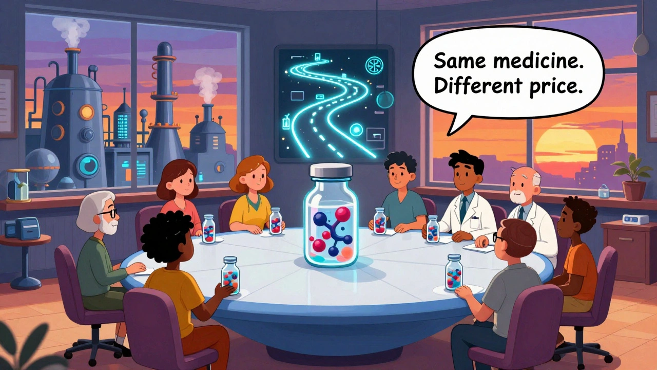 Patients and doctors share transparent vials of identical molecules at a pill-shaped table, with factories and blockchain trails in background.