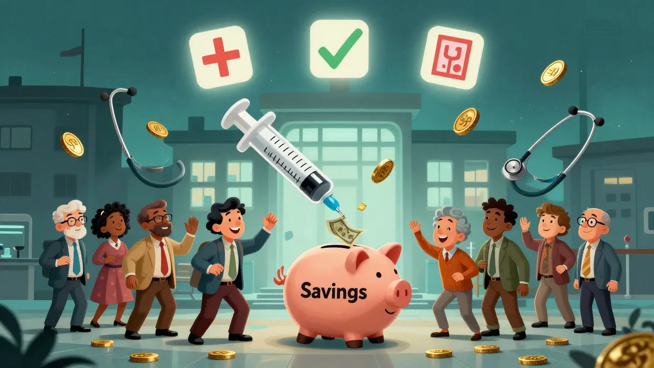 Patients cheer as a biosimilar syringe drops savings into a piggy bank, hospital brightens behind them.