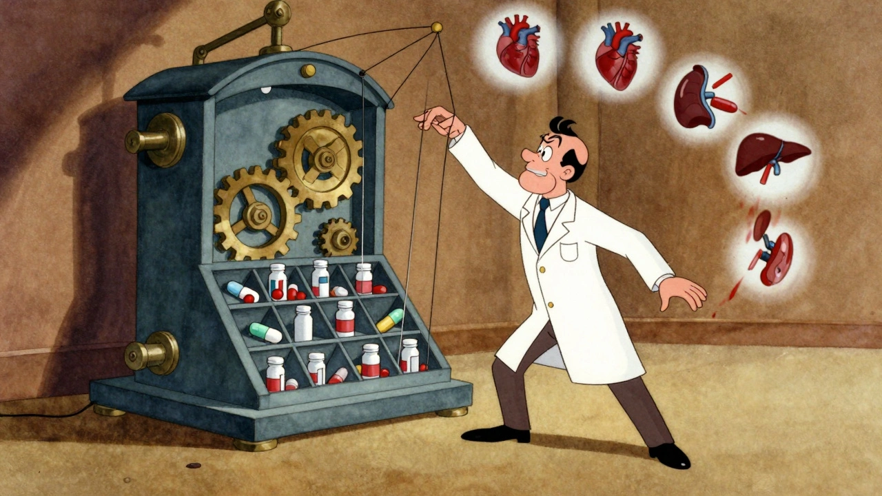Pharmacist controlling dangerous drug interactions with mechanical gears, organs collapsing in cartoon style.