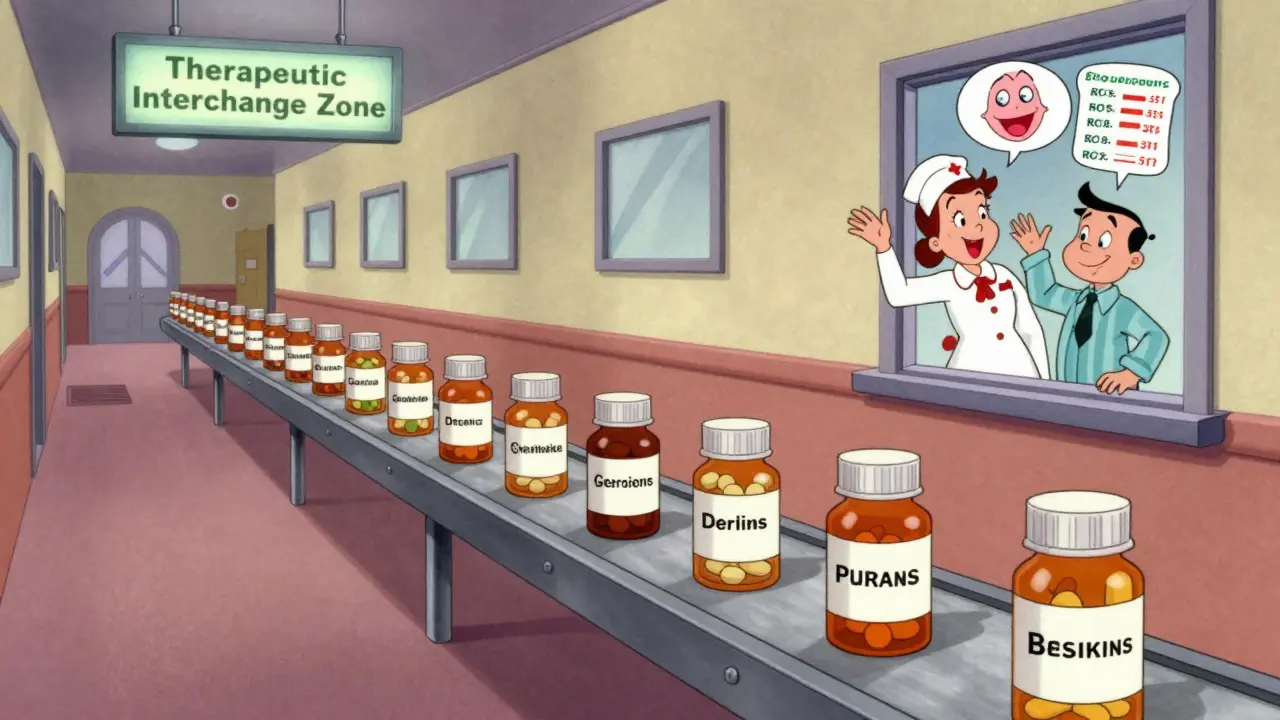 Pill bottles moving on a conveyor belt labeled 'Therapeutic Interchange Zone' in nostalgic animated style.