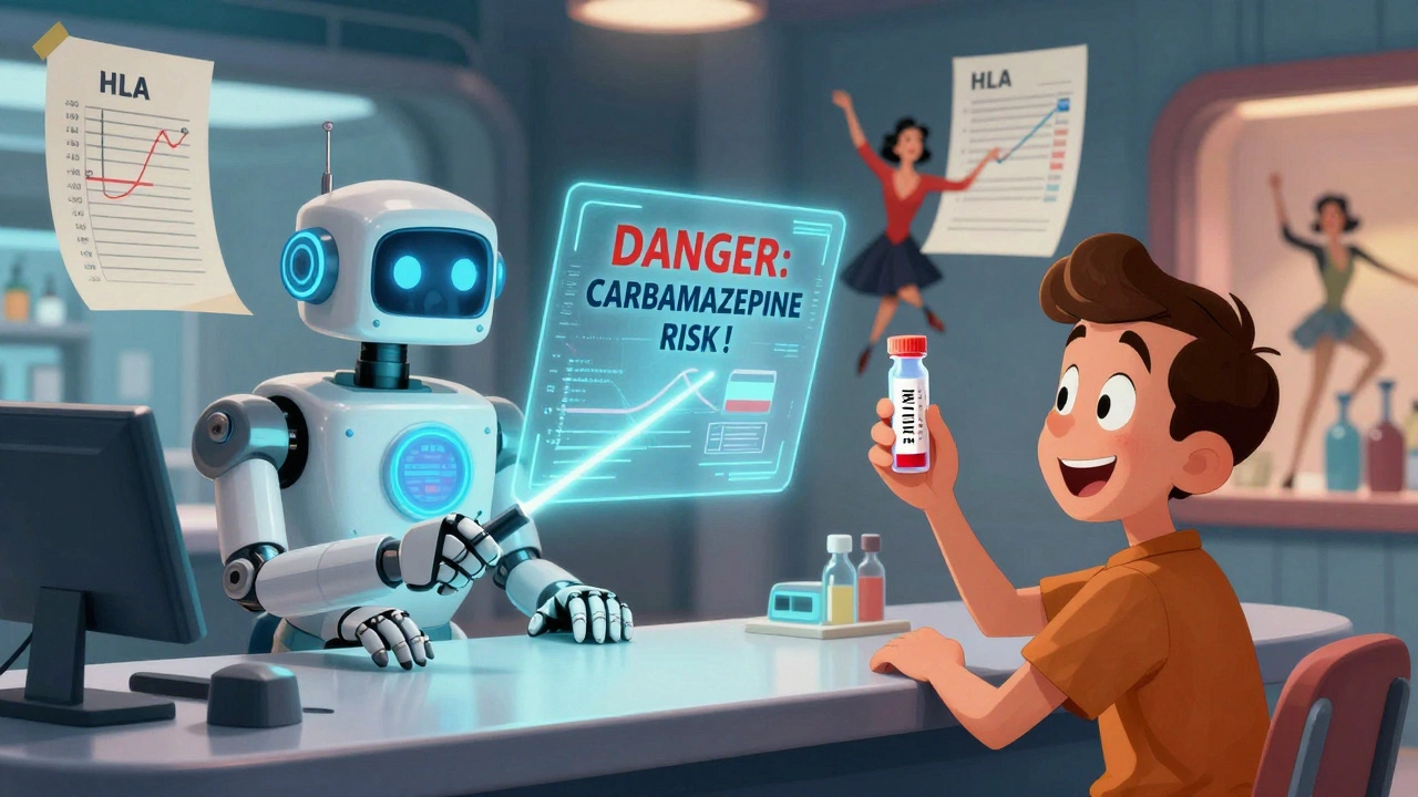 Robot pharmacist scans DNA barcode, projecting a holographic warning, in cartoon style.