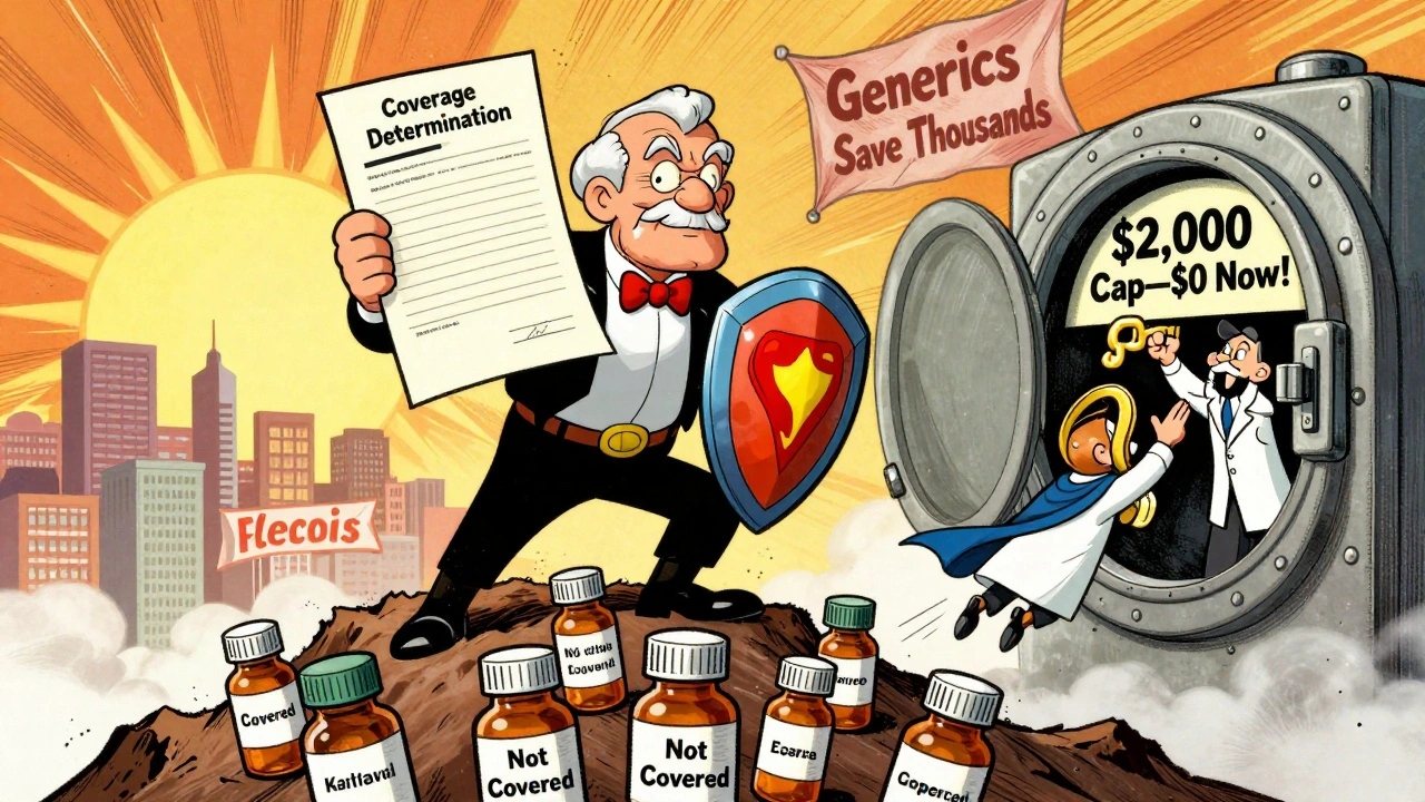 Senior holding appeal letter as shield, pharmacist flying with key to unlock ,000 cap vault.