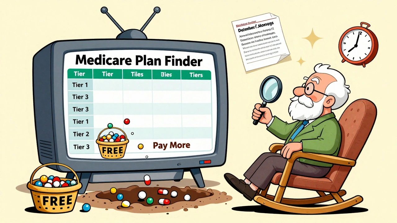 Senior using a cartoon Medicare Plan Finder screen with bouncing pills in tiered baskets, floating calendar.