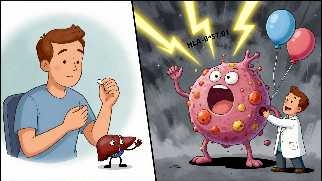 Split scene: calm patient vs. chaotic immune reaction with lightning and blisters, in cartoon style.