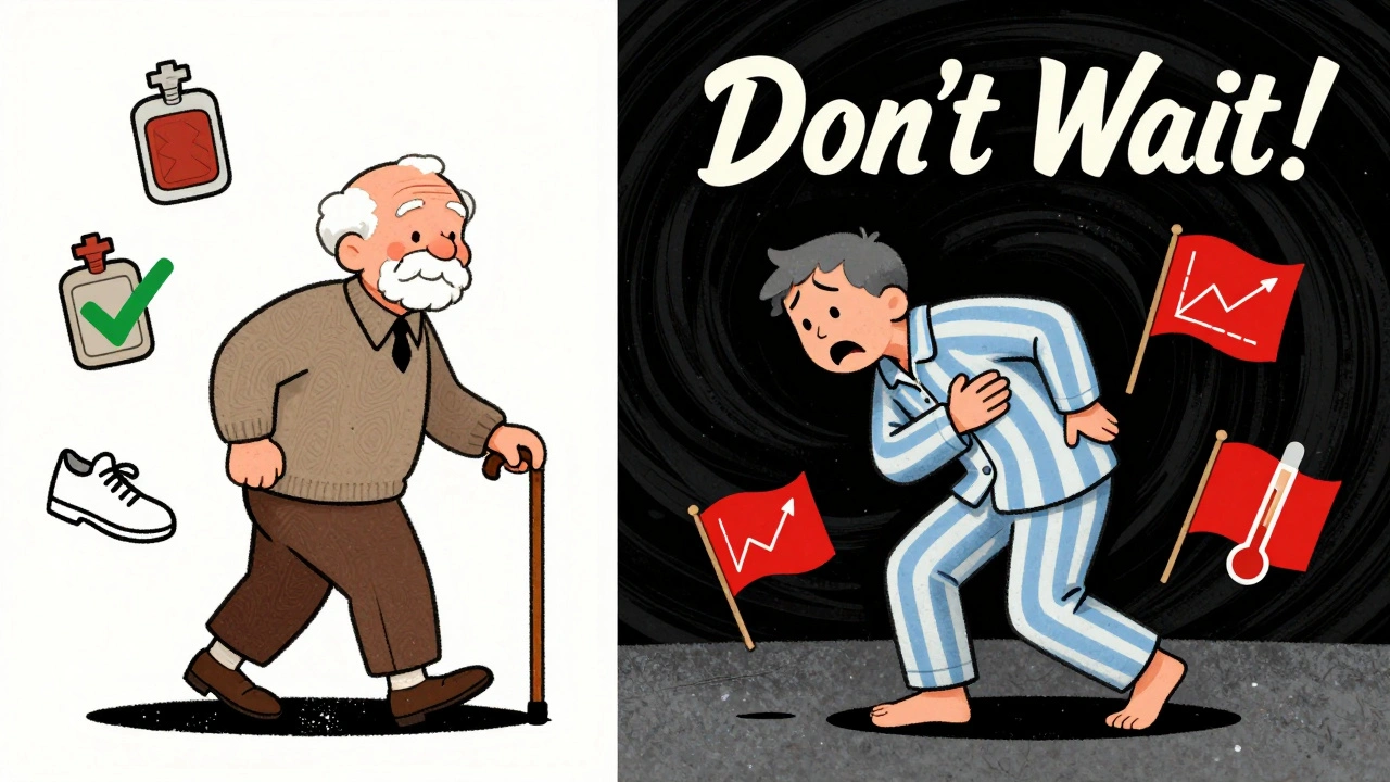 Split scene: peaceful active senior vs. terrified person at night with red warning signs in cartoon style.