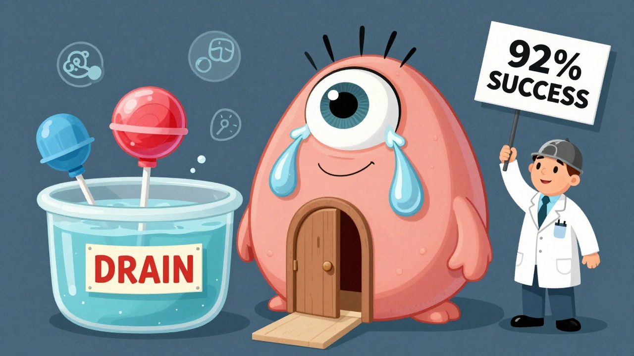 Tear duct with collagen and silicone plugs blocking drainage, rising tear levels, and smiling eye.