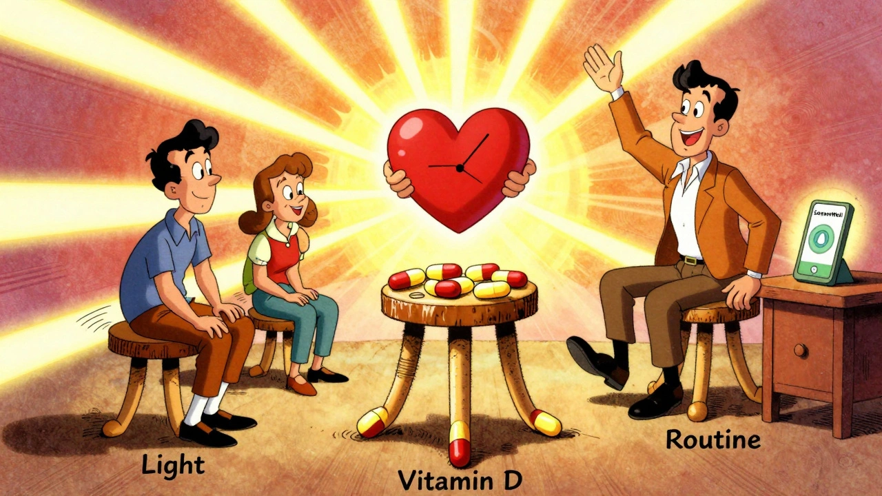 Three-legged stool of light, vitamin D, and routine supporting a heart, with cartoon people trying and failing to balance.
