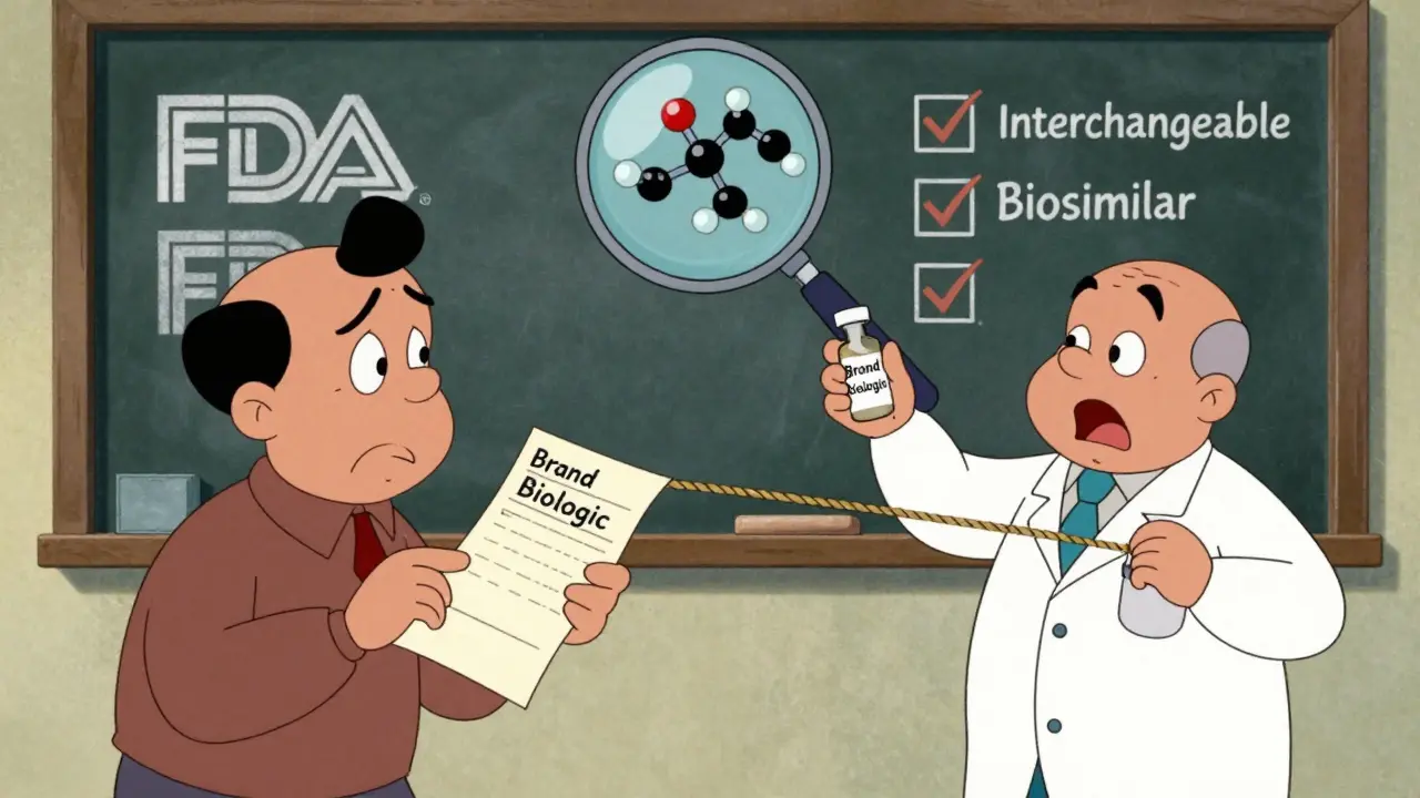 Two pharmacists tug over a prescription with brand and biosimilar vials, magnifying glass revealing matching structures.