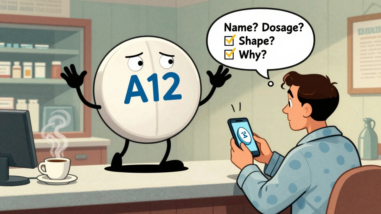 Two pills with faces argue over their shapes while a person checks a photo on their phone in a retro pharmacy setting.