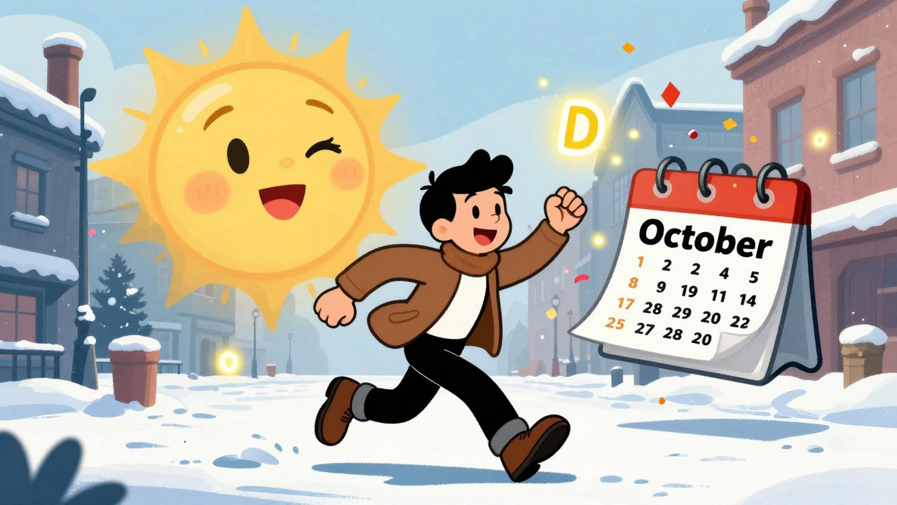 Walker in winter snow with vitamin D fireflies and a smiling sun icon, animated in classic Fleischer style.