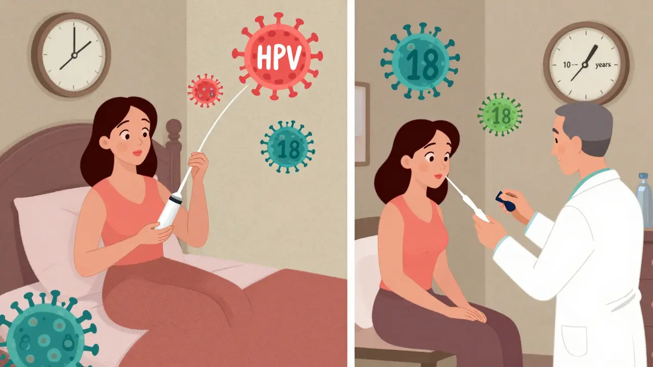 Woman self-collecting HPV sample at home beside traditional clinic test, with floating HPV viruses.