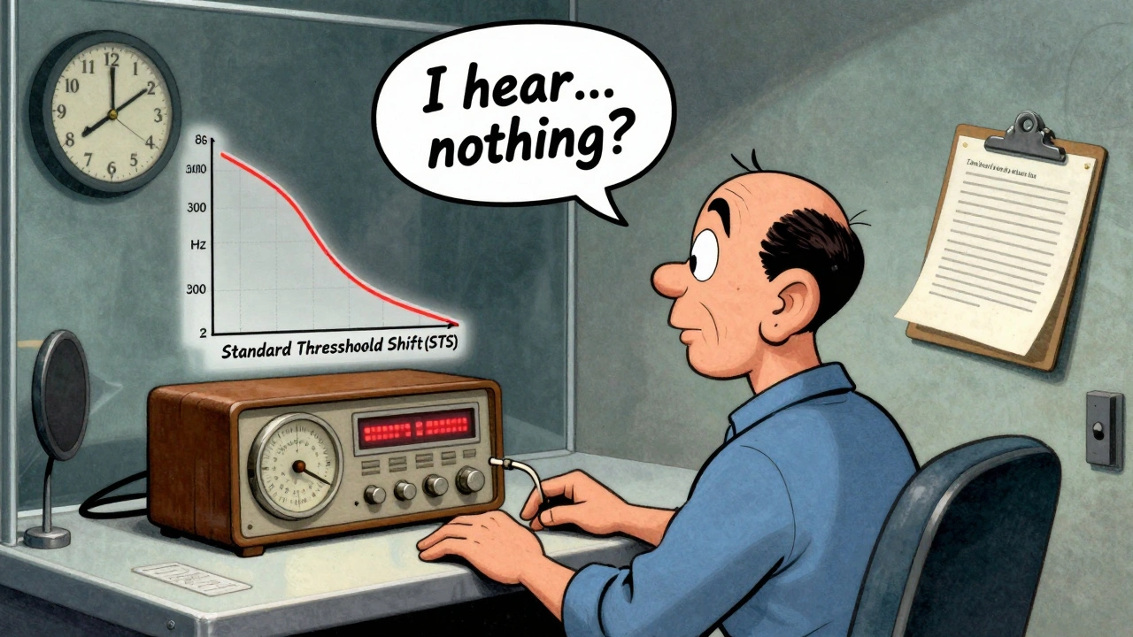 Worker in a sound booth with a dipping audiogram graph and a formal letter floating nearby.