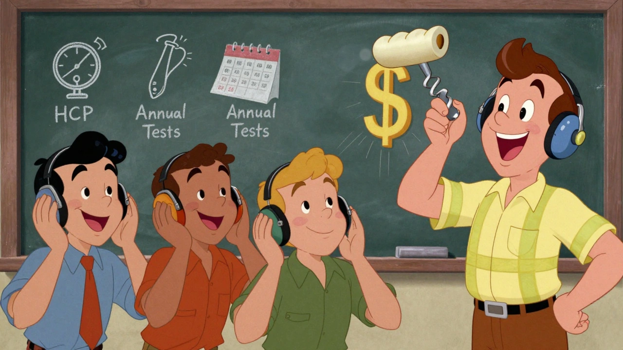 Workers trying different hearing protectors with a trainer demonstrating proper fit using a cartoon earplug.