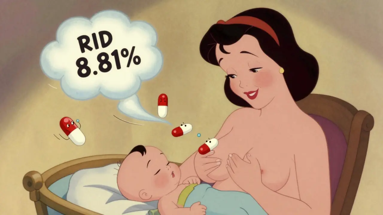 A breastfeeding mother taking acetaminophen as harmless pill sprites float away, baby sleeping peacefully, in 1930s cartoon style.