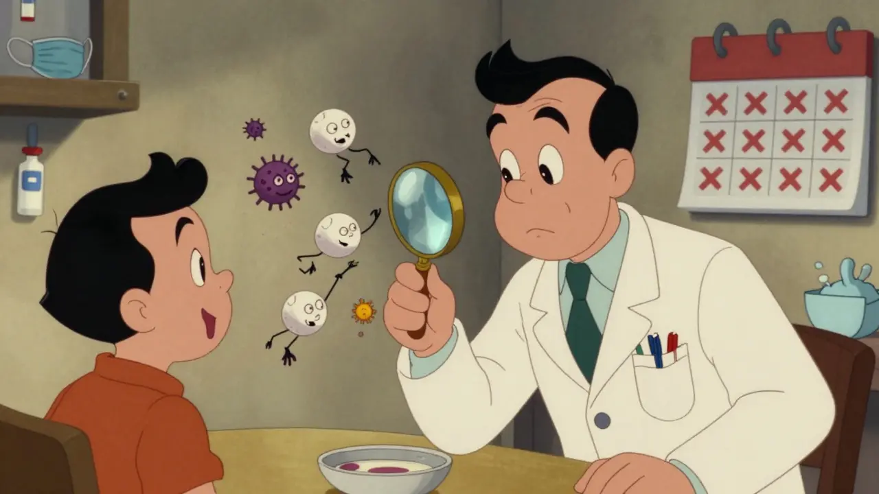 A doctor examining blood cells under a magnifying glass as bacteria chase away white blood cells.