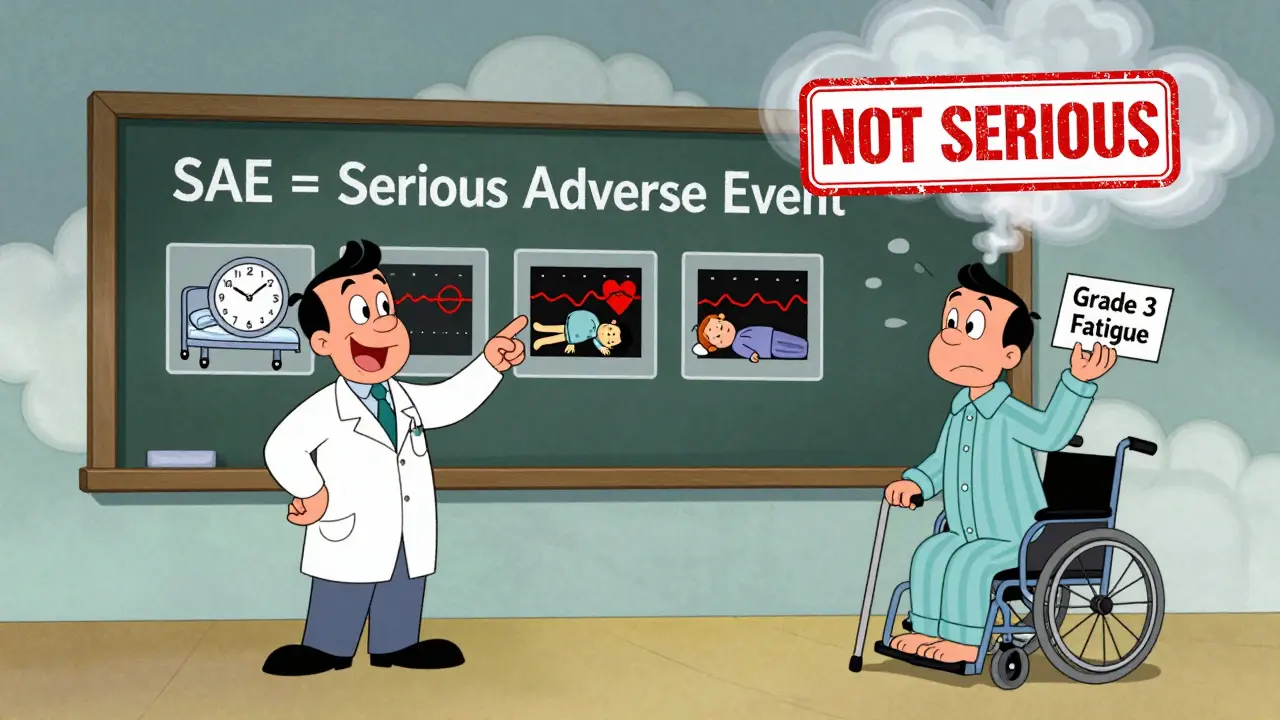 A doctor explains FDA serious event criteria on a chalkboard while a confused patient holds a 'Grade 3 Fatigue' sign.