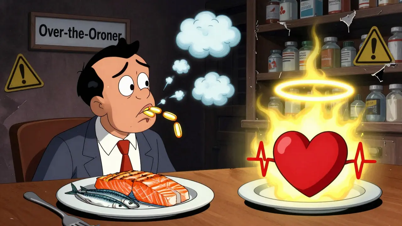 A man gagging on multiple fish oil capsules while a glowing plate of fatty fish shines beside him, contrasting with a crumbling pharmacy shelf.