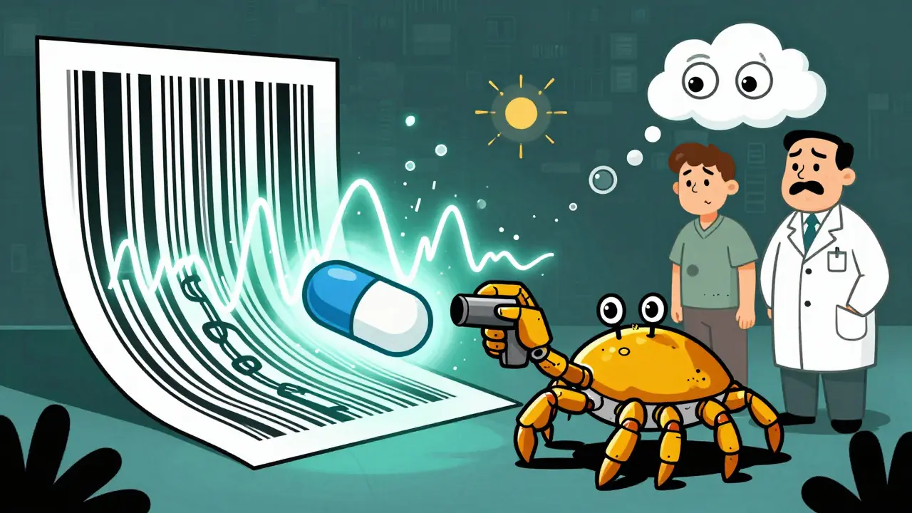A mechanical spectroscopy device analyzing a pill while blockchain and AI elements float above, surrounded by spectral data waves.