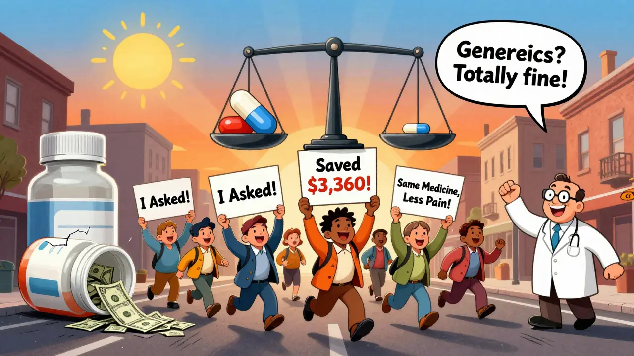 A parade of happy patients holding savings signs, with giant pill bottles spilling money, in classic 1930s cartoon style.