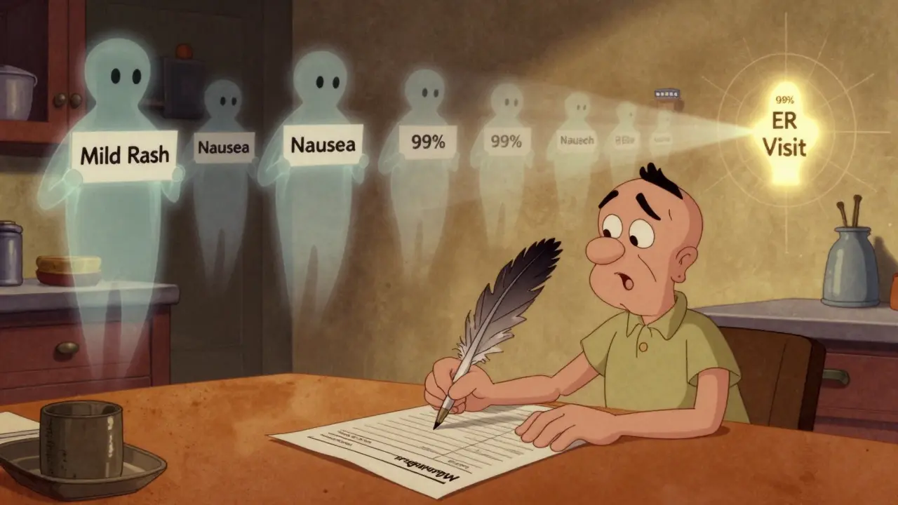 A patient reports a side effect to MedWatch as ghostly unreported reactions fade away, except one glowing ER visit.