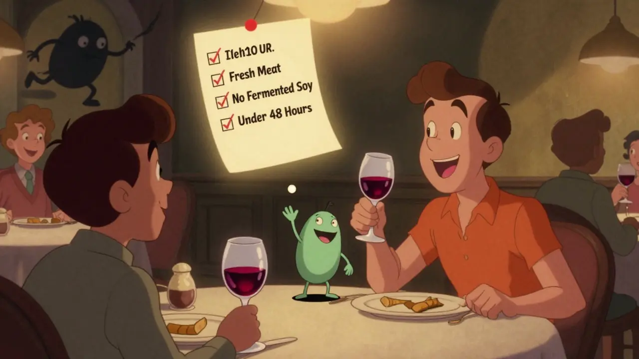 A person enjoys a meal with wine, while a friendly enzyme breaks down tyramine inside their body in vintage cartoon style.