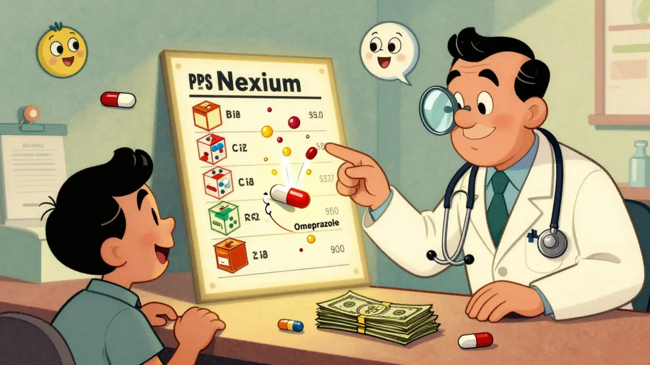 A pharmacist shows a glowing formulary chart as a brand-name pill transforms into a tiny generic pill with cash spilling out.