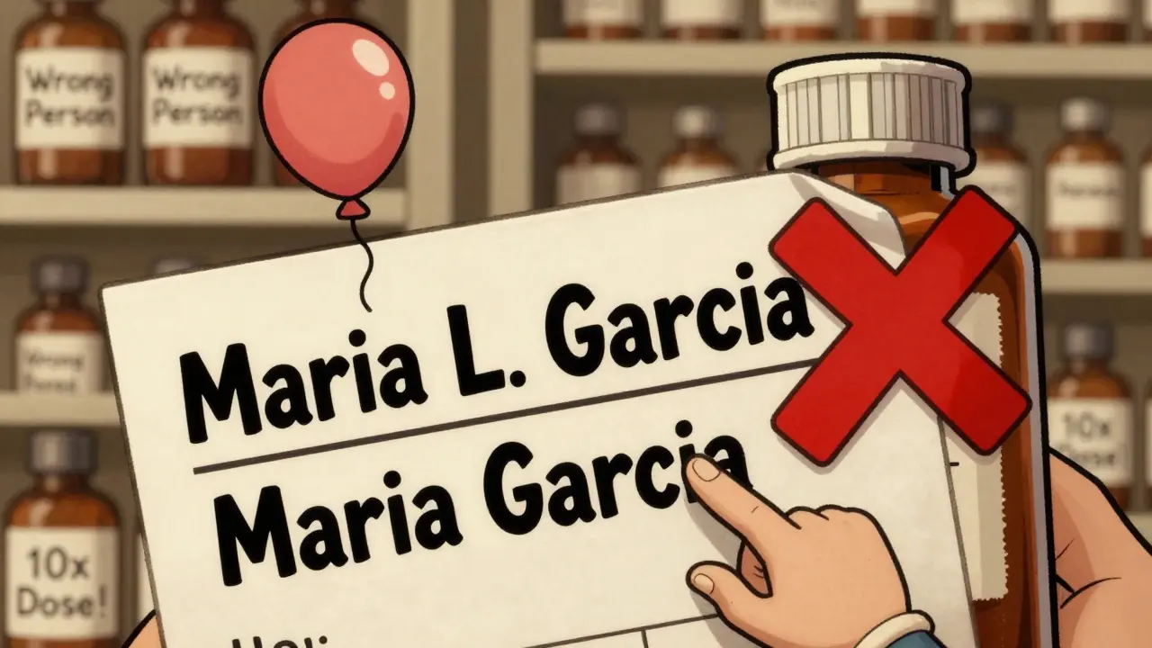 A prescription label shows a missing middle initial as a floating balloon, with red X over wrong medication.