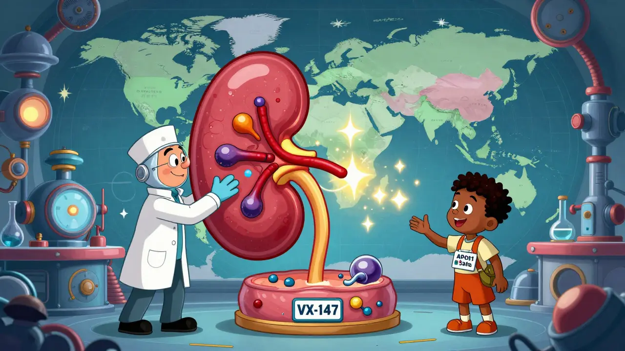 A scientist releasing a drug that neutralizes harmful kidney proteins, with a child getting screened in retro-futuristic lab.