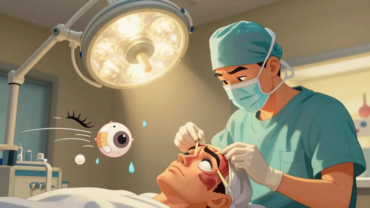 A surgeon using a rubber-band-like suture to lift a drooping eyelid by connecting it to the forehead.