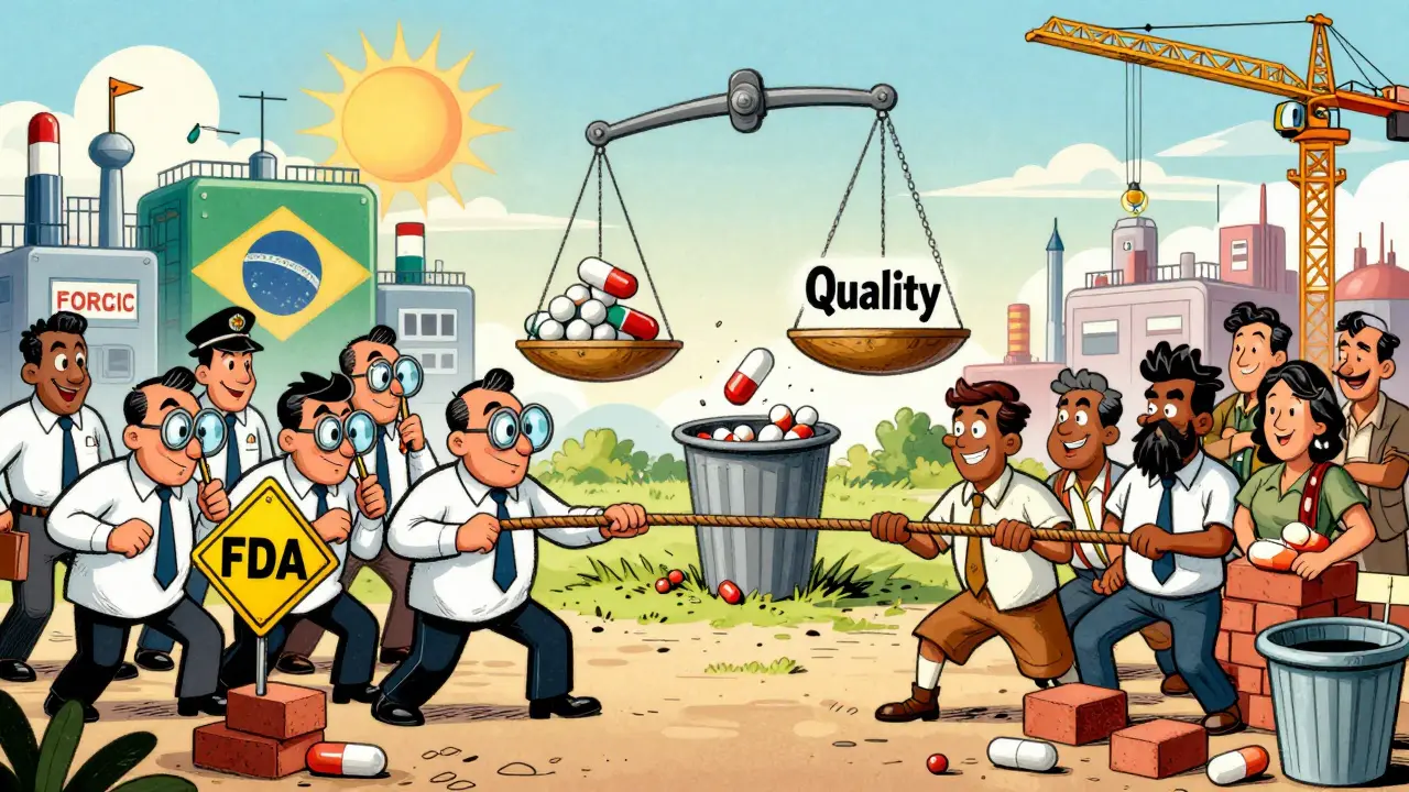 A tug-of-war between FDA inspectors and factory workers over pill quality, with emerging markets building new pharmaceutical plants in the background.