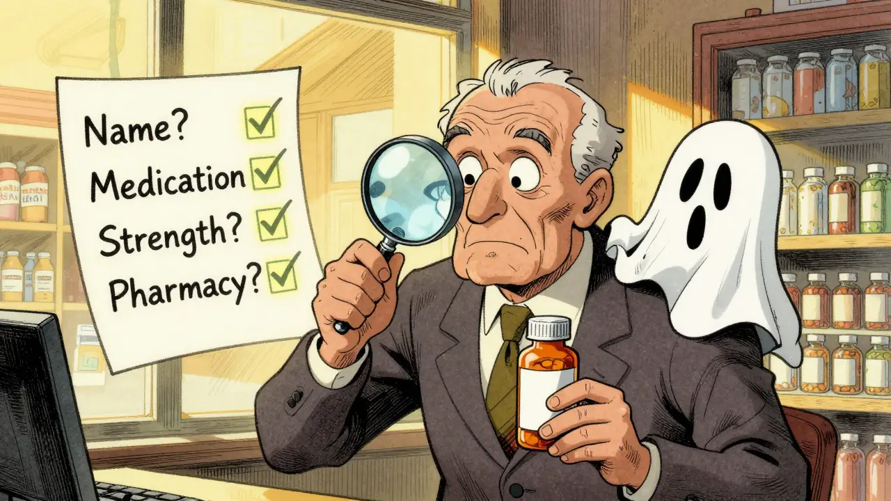An elderly man sees a ghostly face on his pill bottle, holding a checklist with glowing checkmarks.