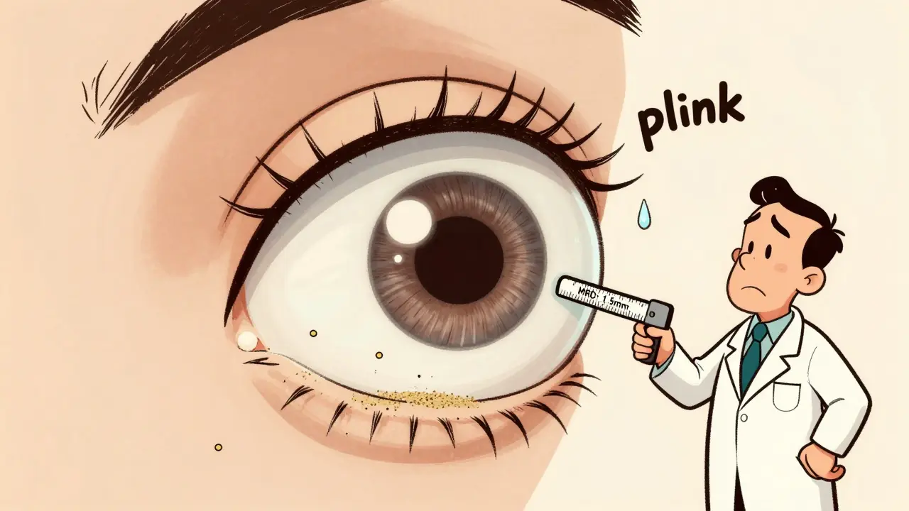 An inward-turning eyelid with lashes scraping a tearful cornea, depicted in cartoon style.