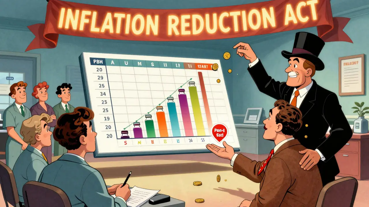 Animated spreadsheet with rising vials and a PBM trying to steal rebates while a discount saves patient money.