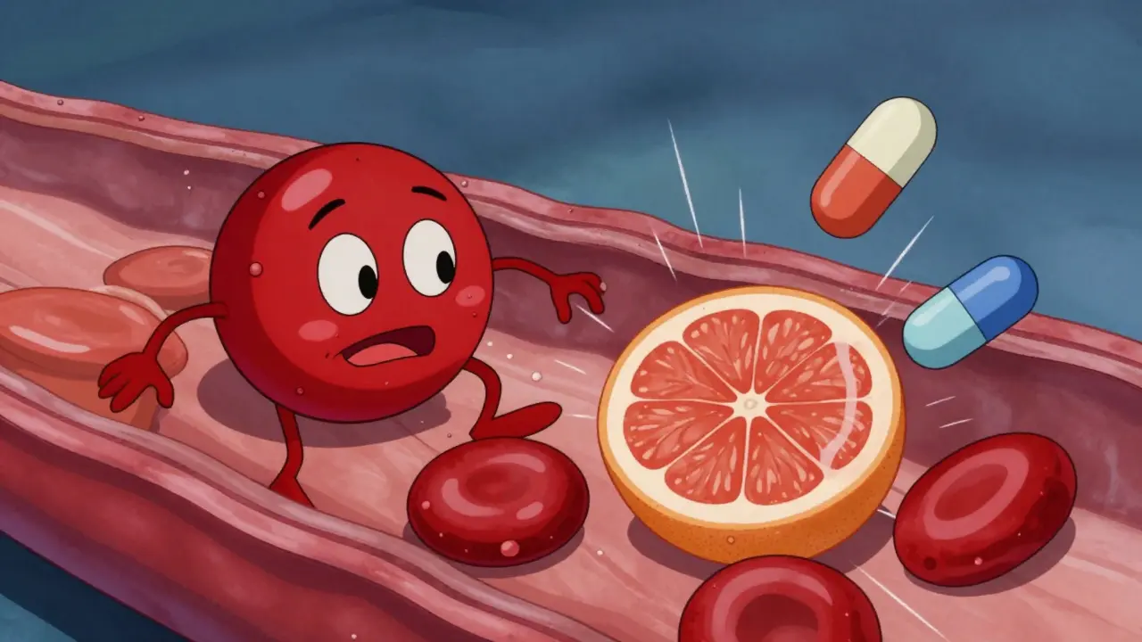Cartoon blood vessels with pills and grapefruit juice clashing inside a human body.