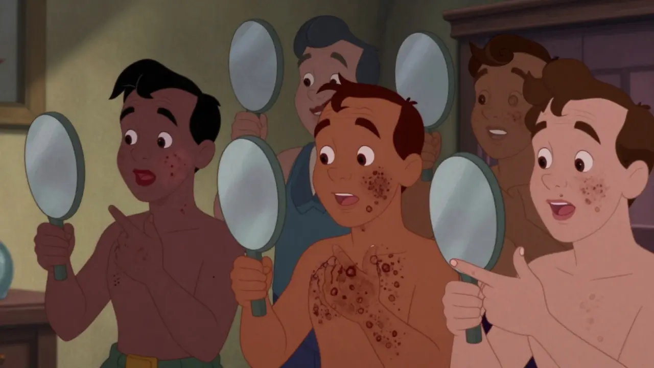 Diverse patients holding mirrors, showing eczema and psoriasis rashes on different skin tones.