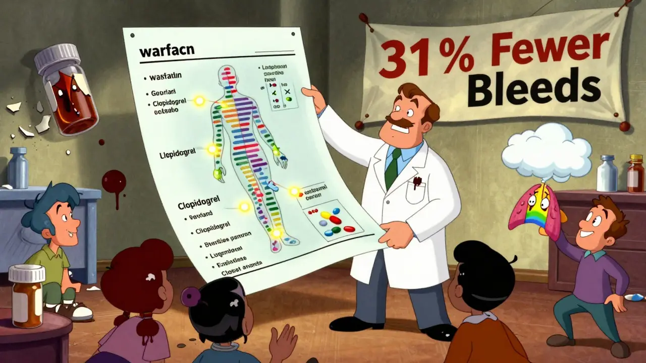Doctor holding genome map as patients experience surreal drug side effects in cartoon style.