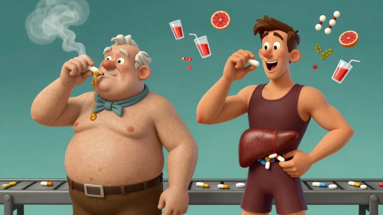 Elderly and young person reacting differently to the same pill with floating food and herb icons.