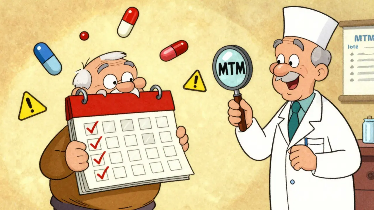 Elderly person with medication calendar and pharmacist offering a review checklist.