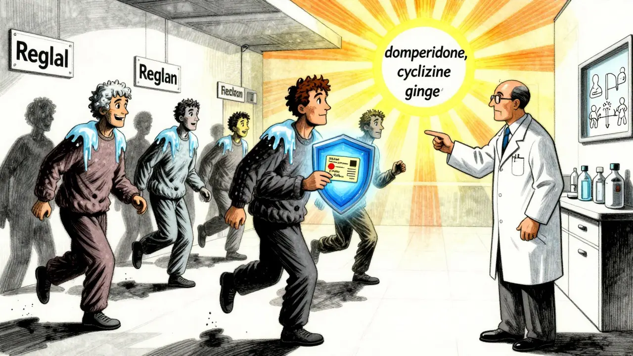 Frozen Parkinson’s patients in a hospital hallway, rescued by safe medications and a glowing warning card.