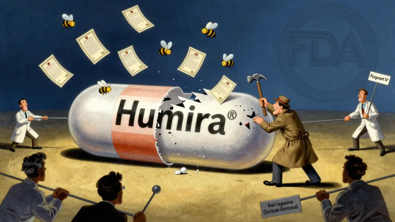 Generic manufacturer chips at a giant Humira pill surrounded by over 100 patent certificates, while shadowy figures delay approval.