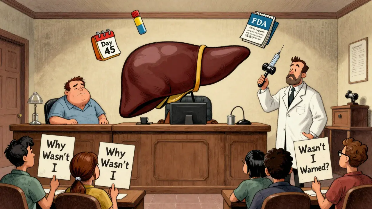 Giant liver on trial in courtroom with medical symbols and worried patients in Fleischer Studios style.