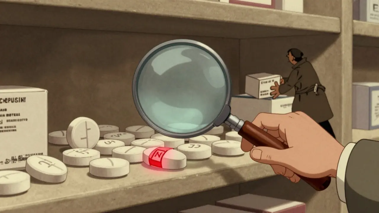 Magnifying glass exposing a fake generic pill among identical ones on a pharmacy shelf, with a sneaky counterfeiter in the background.