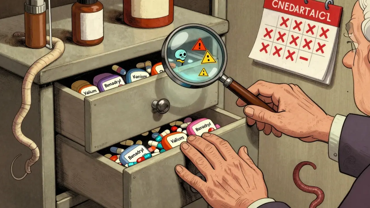 Medicine cabinet overflowing with dangerous pills, cartoon skulls and warning signs visible.