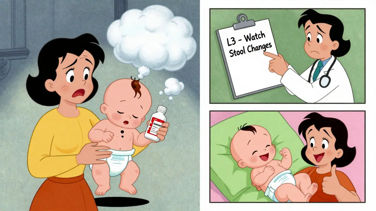 Mother holding clindamycin as baby has diarrhea cloud; same baby later nursing happily after switching meds.