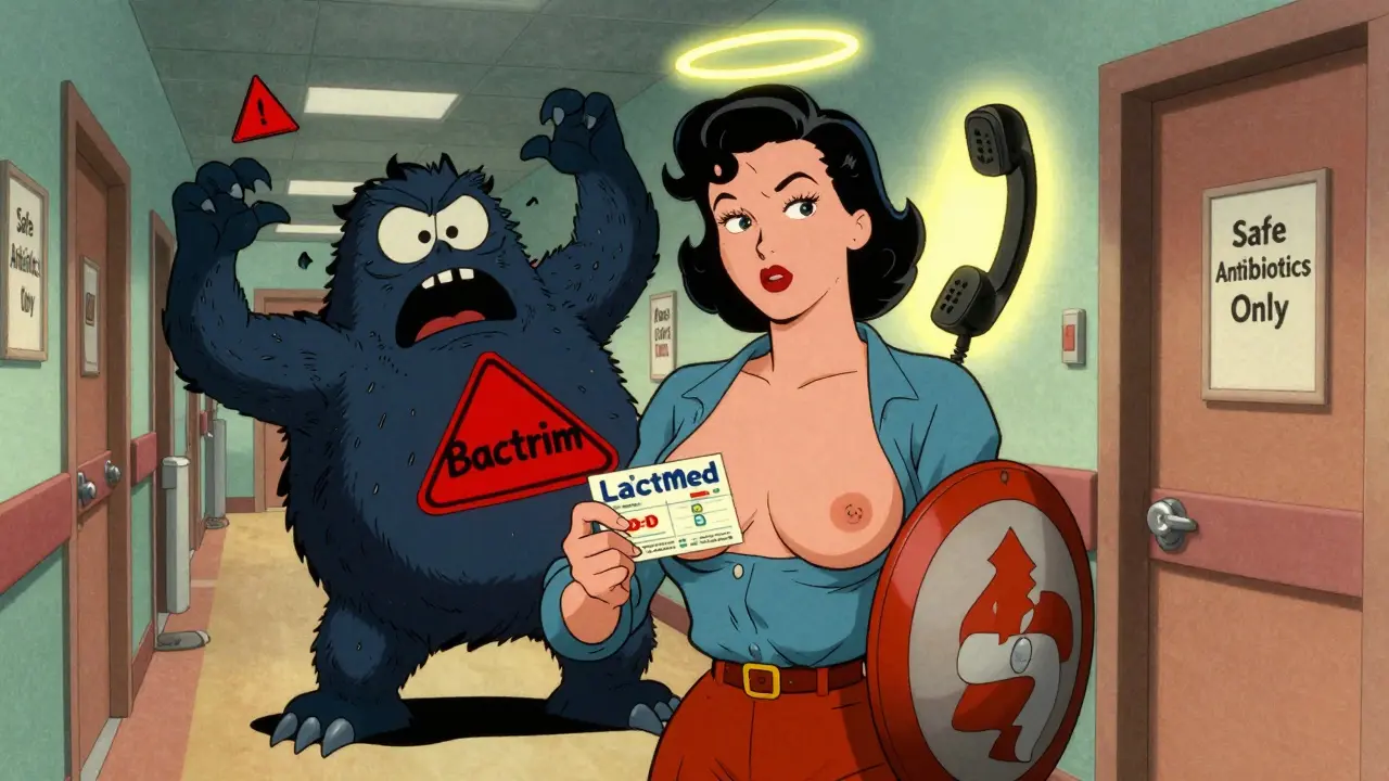 Mother holding LactMed card like a shield, pushing away a scary Bactrim monster in hospital hallway.